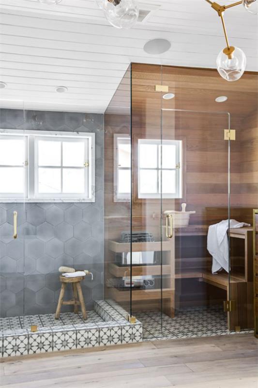 Sauna kotona sen vieressä olevan lasiseinän takana, suihku, kylpyhuone retro -tyyliin