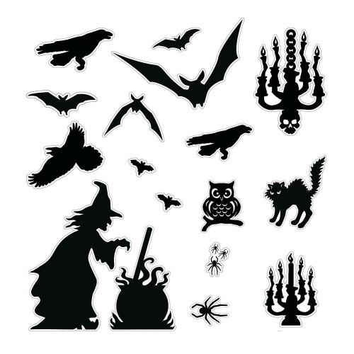 Silhouettes Halloween -ikkunakoristeet mustat korpit lepakot kissa pöllö noita kaksi kynttilänjalkaa