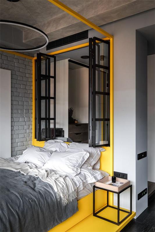 Makuuhuone ideoita harmaa ja keltainen houkutteleva sisustus aurinko keltainen musta ikkunankehykset harmaa vuodevaatteet keltainen seinän lattialla