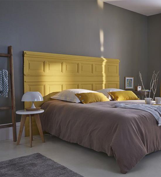 Makuuhuoneen ideoita harmaalla ja keltaisella kauniilla värisuunnittelulla eleganssilla rauhallisella tyylillä
