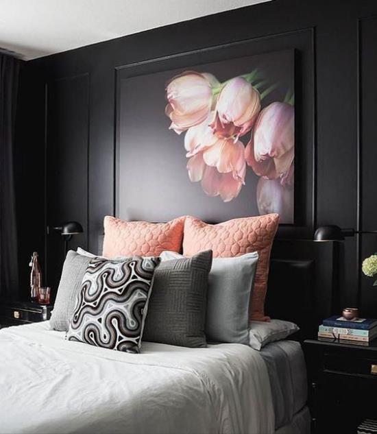 Bedroom ideas in black and pink dark wallkuva vaaleanpunainen tulppaani no