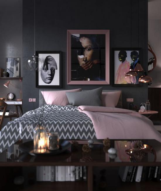 Makuuhuoneideoita mustalla ja vaaleanpunaisella tummalla sisustuksella vaaleanpunainen aksentti monia koristeellisia muotokuvia seinäkynttilöissä