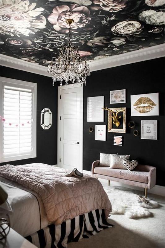 Makuuhuone ideoita musta ja vaaleanpunainen kodikas huone musta seinäkoriste