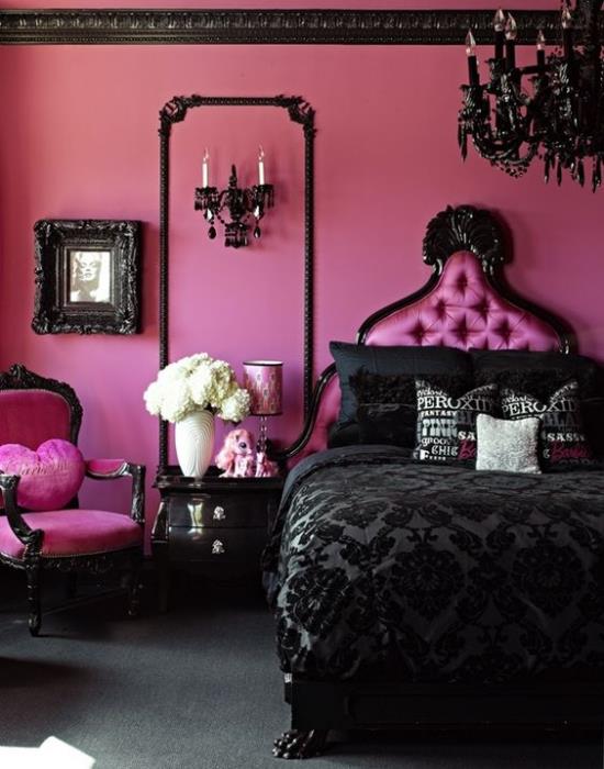 Makuuhuoneideoita mustana ja vaaleanpunaisena leikkisä huonesuunnittelu kirkkaan vaaleanpunainen musta vuodevaatteet mystinen