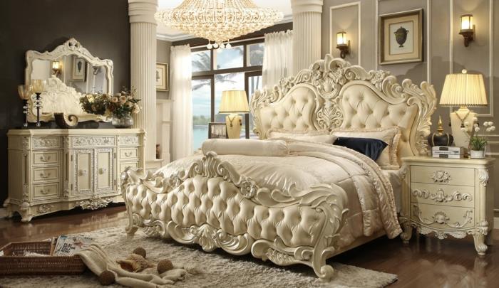 Makuuhuoneen sisustusesimerkkejä viktoriaanisen tyylin pehmustetusta sängynkalusteesta