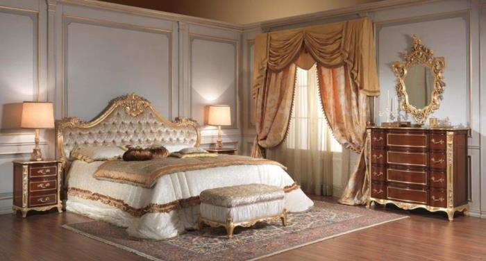 Makuuhuoneen sisustusesimerkkejä viktoriaanisen tyylin makuuhuoneen verhoista