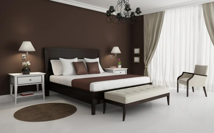 Makuuhuoneen suunnitteluideoita seinän väri ruskea aksentti seinä