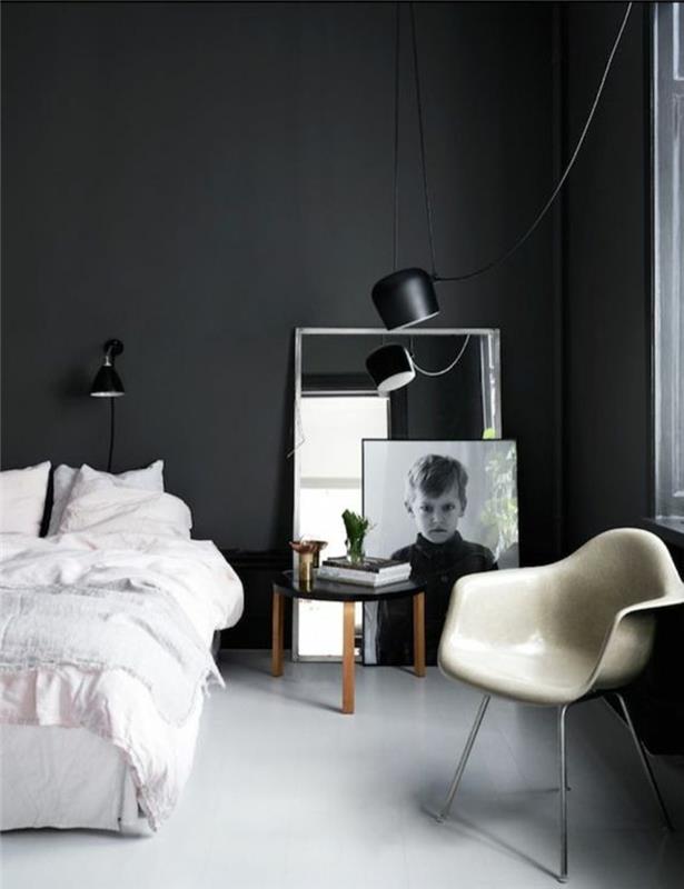 Makuuhuoneen huonekalujen seinän väri musta skandinaavinen asuminen