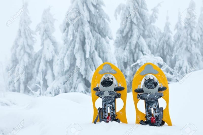 Lumikenkänaiset keltaisia ​​vaelluksia lumessa talvilomalla