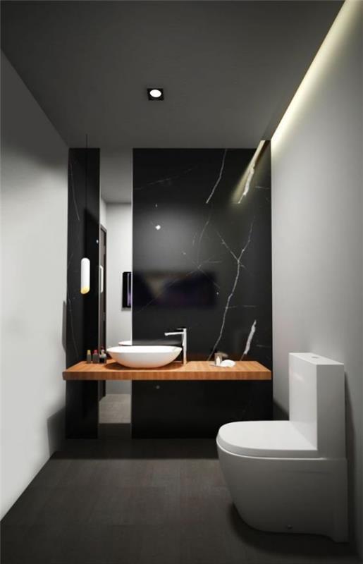 Musta seinä moderni kylpyhuone wc aksentti seinään valmistettu musta marmori lattialaatat antrasiitti valkoinen pesuallas puinen turhamaisuus