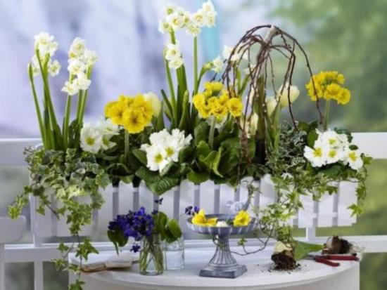 Kesäkukkien sisustusideoita kukkalaatikko herkkiä kukkia kukkia lasissa tuoreessa muistiinpanossa