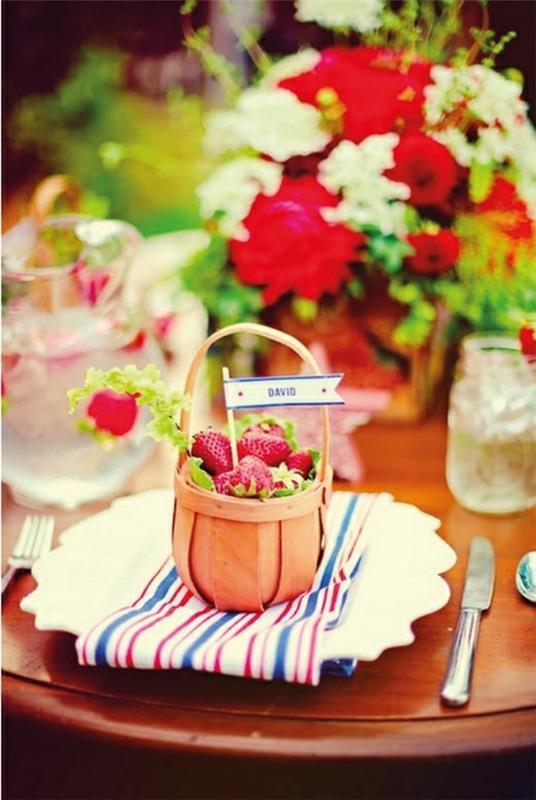 Kesäjuhlien sisustusideoita puutarhajuhlapöytä buffet makeiset mansikat
