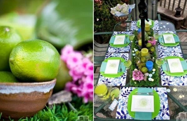 Kesäjuhlat sisustus värikkäitä puutarhaideoita pöytäkoriste sitruunat