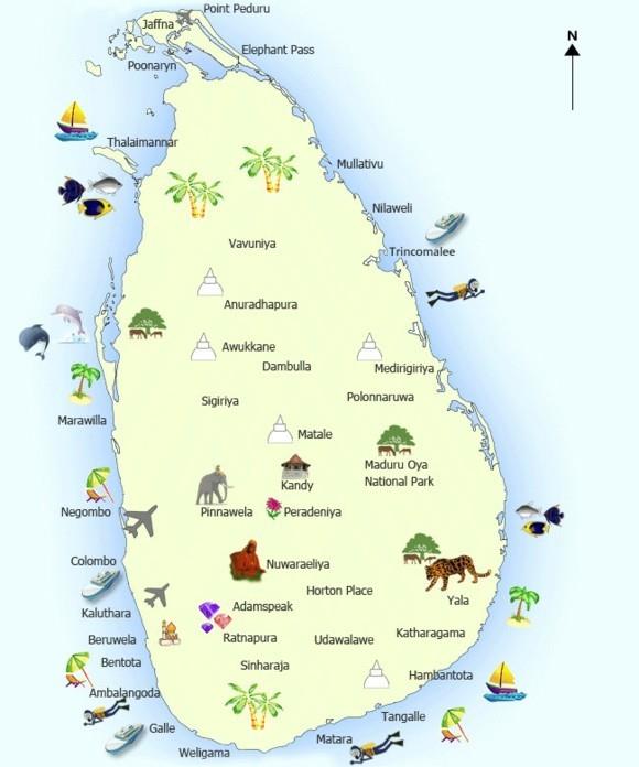 Sri Lankan turistikartta Sri Lankan matkailukohteiden kartta