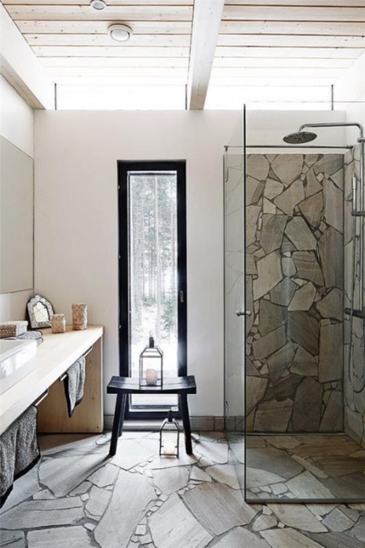Kivi kylpyhuoneessa kivilaatat mielenkiintoinen vilja kaunis kylpyhuone design lasi puu