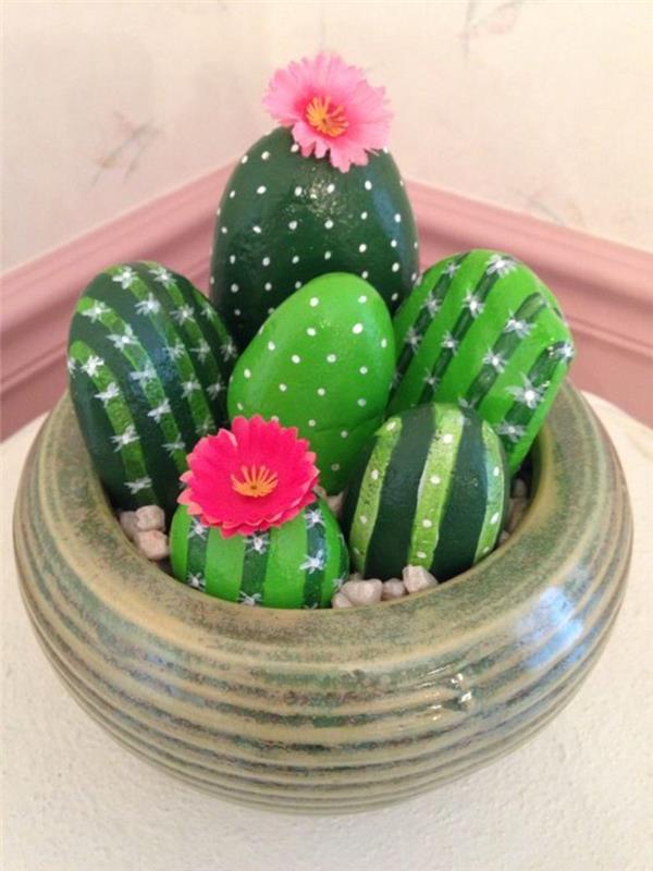 Kivet maalaavat vihreitä kiviä Cactus -käsitöitä kivillä