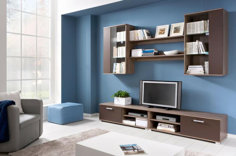 TV -seinät olohuoneen huonekalut puukalusteet TV -seinäyksikön seinän väri sininen