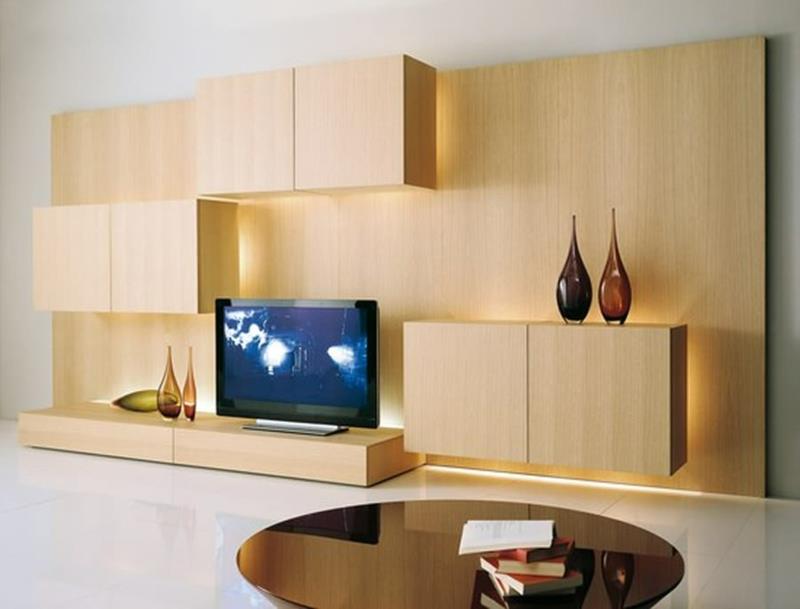 TV -seinäjärjestelmä puu epäsuora valaistus olohuoneen huonekalut sohvapöytä