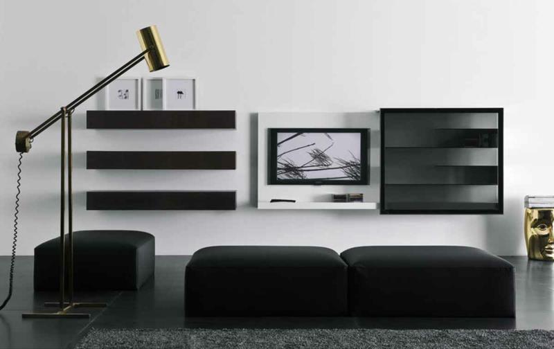 TV -seinäyksikkö musta ja valkoinen olohuoneen huonekalut nojatuoli