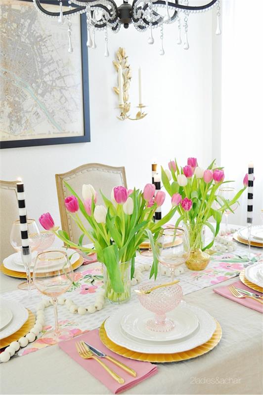 Pöytäkoristeet pääsiäisen pääsiäispöytään Kattaa pöytä ´Tips tulppaanit