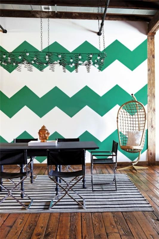 Seinäväriset seinät muotoilevat vihreää chevronia
