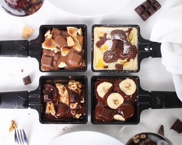 Perinteisiä ja herkullisia raclette -ideoita pannulle ja vinkkejä jälkiruokaideoille suklaabanaaneilla