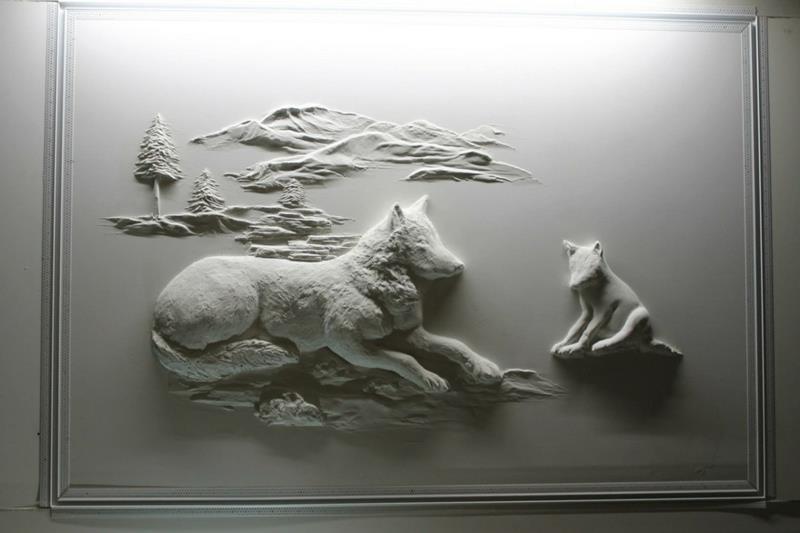 Bernie Mitchell 3D -seinäkoristeideat kipsilehden susi metsässä