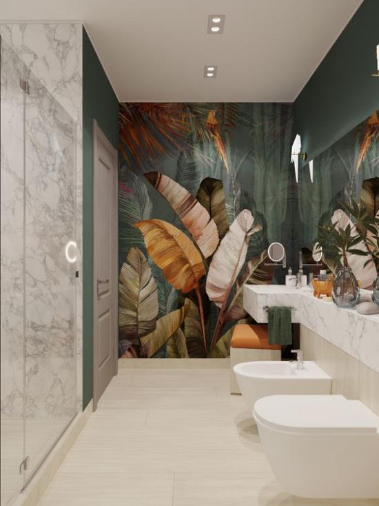 Trooppinen kylpyhuoneen koristetapetti eksoottisia lehtiä luonnollisia värejä moderni kylpyhuone valkoinen marmori