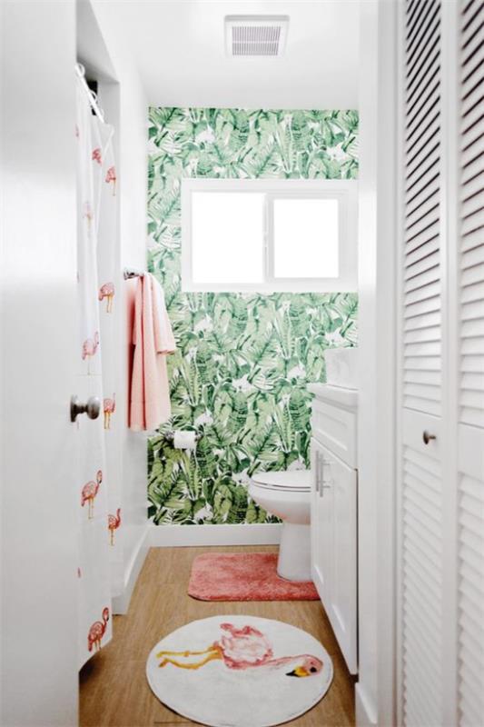 Trooppinen koriste kylpyhuoneessa kaunis huoneen design -seinämaalaukset vihreät lehdet kylpyverhon kuvio vaaleanpunaiset flamingot