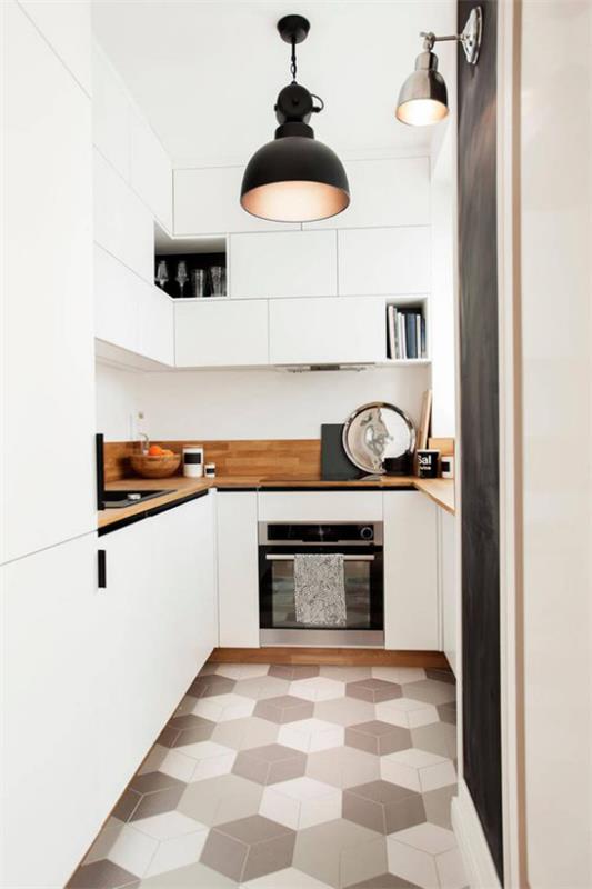 Maanalainen keittiö, valkoinen tunnelma, puhtaus, täydellinen järjestys, kuviolliset kuusikulmaiset lattialaatat