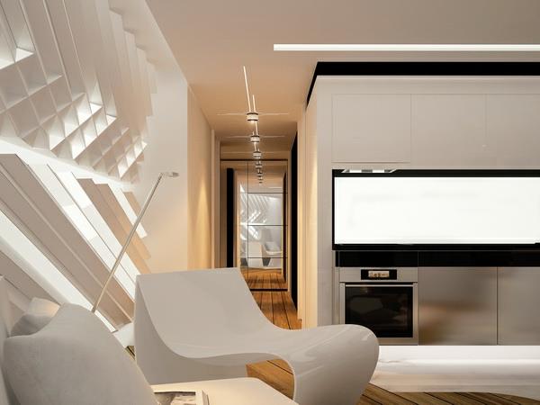 Ultramoderni sisustus asunnossa futuristisia huonekaluja