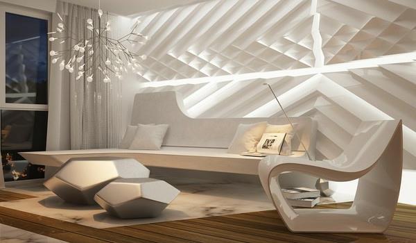 futuristinen sisustus asunnon olohuoneessa