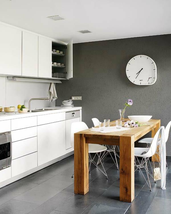 Seinämaali harmaan sävyillä muotoilu moderni keittiö puinen pöytä