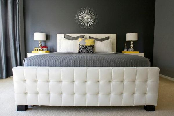 Seinän väri harmaan sävyissä moderni verhoiltu sängynrunko