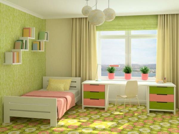 Seinämaali vihreän ikkunan toimistopöydän sängyssä