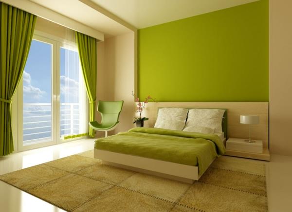 makuuhuoneen seinän suunnittelu värit sängyn vihreät sävyt