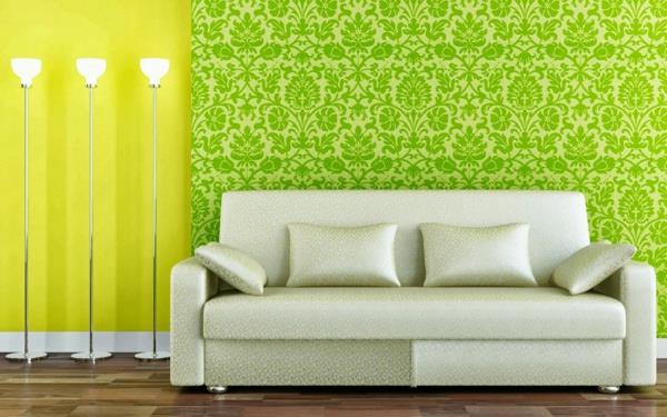 Seinämaali vihreiden sohvien kuvion sävyillä