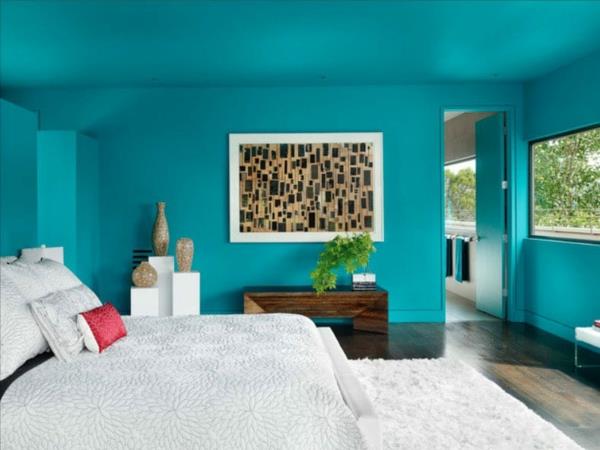 Seinäsuunnittelu makuuhuoneen seinän väri turkoosi
