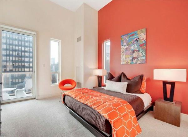 Seinäsuunnittelu makuuhuone oranssi seinämaali