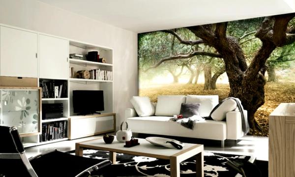 Seinäsuunnittelu valokuvatapeilla luonto olohuoneen sohva