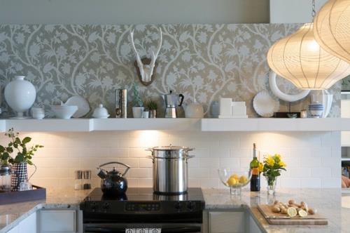 Seinäsuunnittelu kauniilla tapetilla keittiön suunnittelu harmaa posliini
