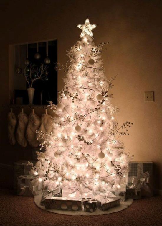 Joulukuusi koristetaan valkoisella ja hopeisella tähdellä. Kaikki valot sytyttävät kauniin katseenvangitsijan pimeässä huoneessa