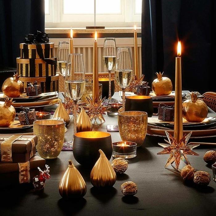 Joulukoristeiden ideoita kultaisen pöydän koristeluun