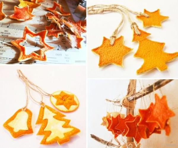 Tinker joulukoristeita appelsiininkuorilla, tähdillä ja kuusilla