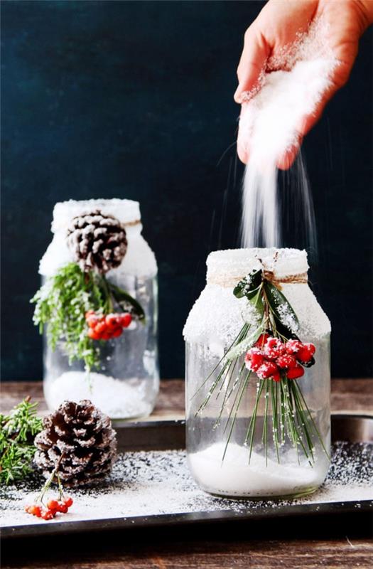 Tee talvikoristeita joulupurkkipurkkien koristeluun lumisuolaa