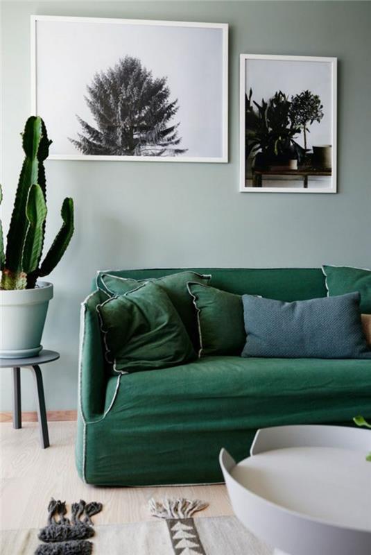 Sisustusvinkkejä olohuoneen sohva tummanvihreä kaktus
