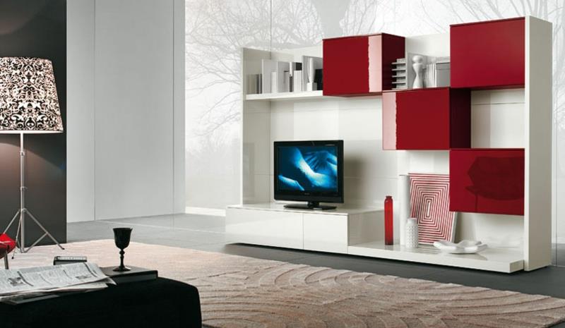 Seinäyksikkö modernit valkoiset punaiset hyllyt käytännölliset TV -seinät