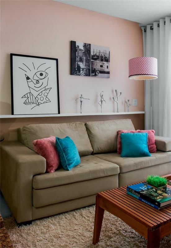 Olohuoneen vaaleanpunainen lampunvarjostin ideoita moderni sohva maalaus hylly