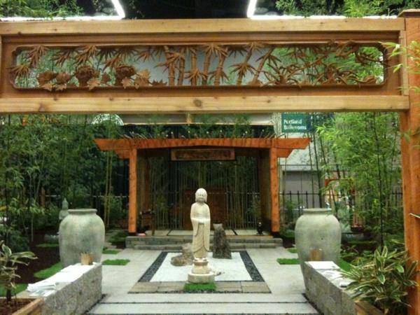 Zen -puutarha asettaa japanilaisia ​​kasveja betonilaattoja