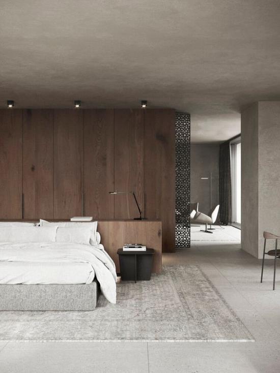 Zen -makuuhuoneen harmaa valkoinen musta beige hallitsevat hienovaraisia ​​värisävyjä